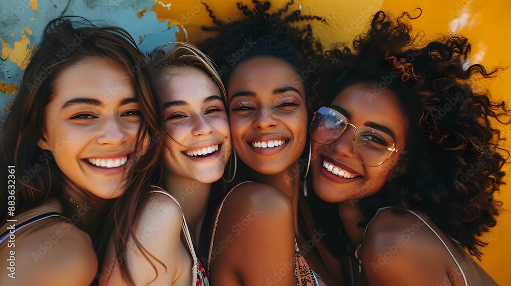 Obraz premium Portrait of gorgeous multiracial women standing together and smiling. 