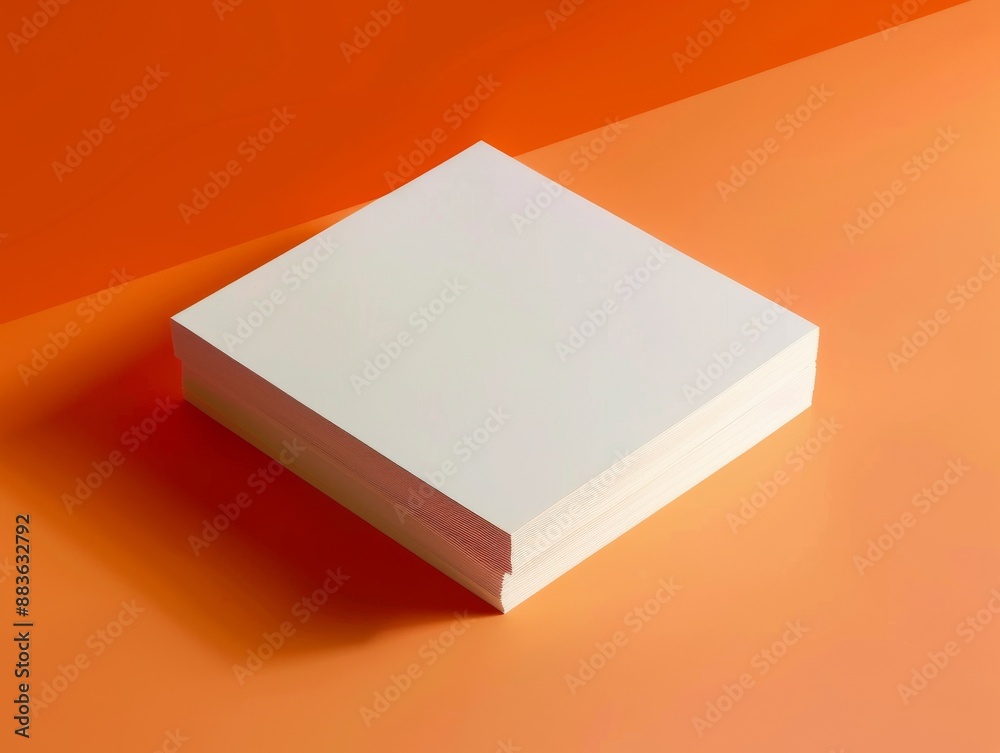 a mockup photograph of a square papers taken from an isometric angle, photo realistic, orange background 