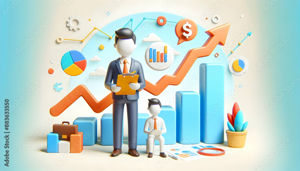 3D Flat Icon of Salesperson Holding Growth Graph and Clipboard on Whimsical Background for Sales Strategy and Business Growth 3D Flat Icon of Salesperson Holding Growth Graph and Clipboard on Whimsical Background for Sales Strategy and Business Growth