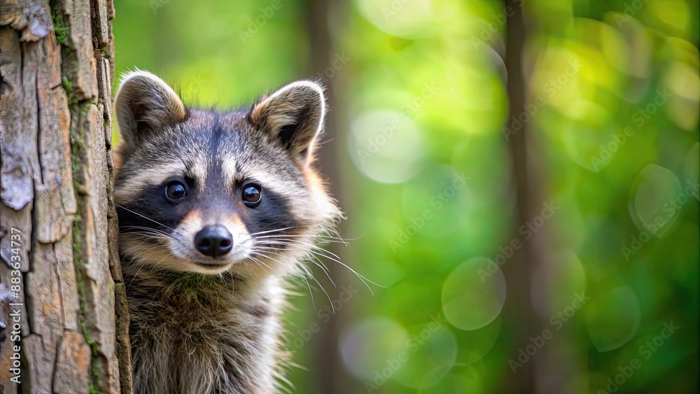 Raccoon peeks out from behind a tree in the forest, raccoon, wildlife, forest, curious, adorable, nature, mammal, cute, animal Raccoon peeks out from behind a tree in the forest, raccoon, wildlife, forest, curious, adorable, nature, mammal, cute, animal