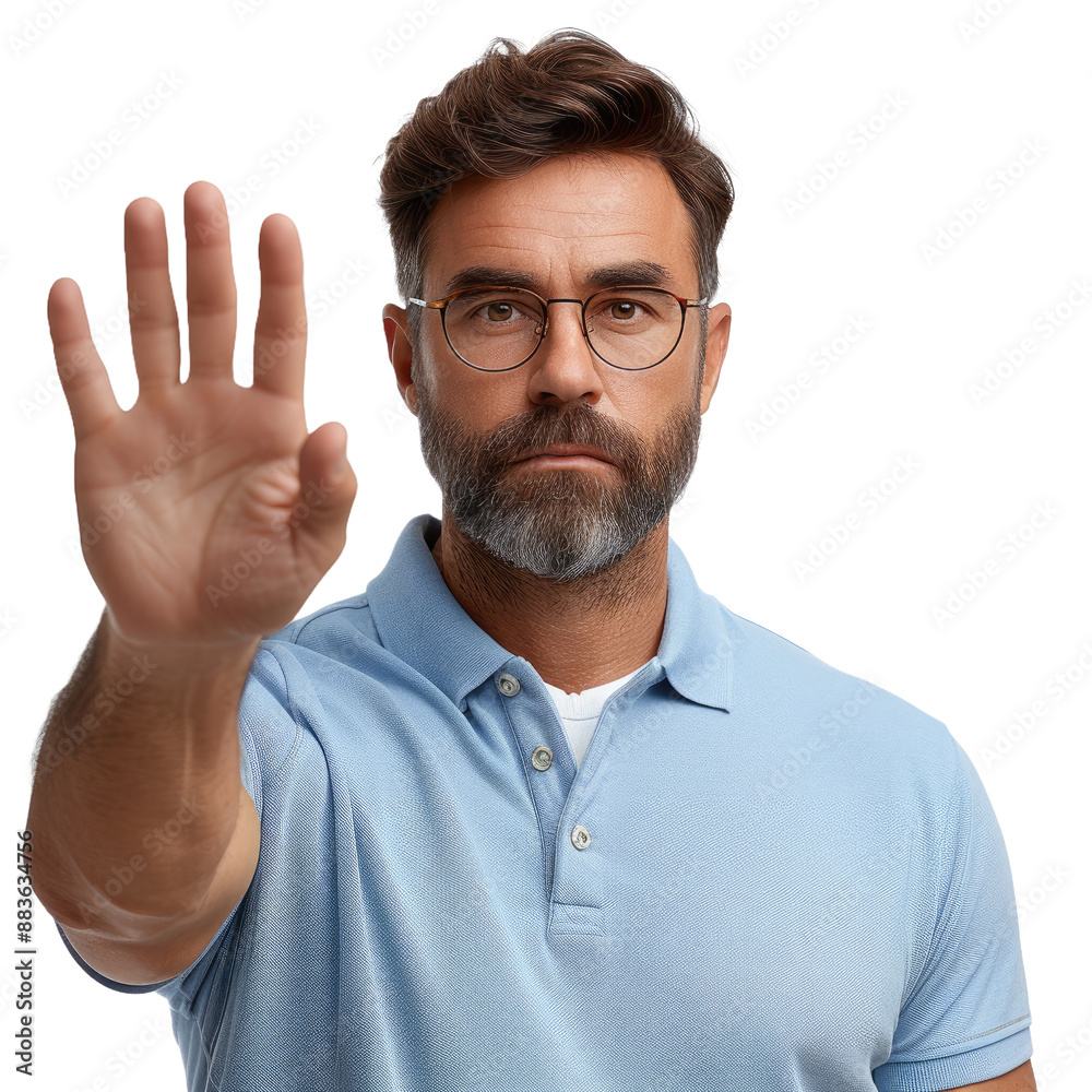 Bearded man wearing glasses doing hi-five isolated on a transparent background for web, banner, wallpaper