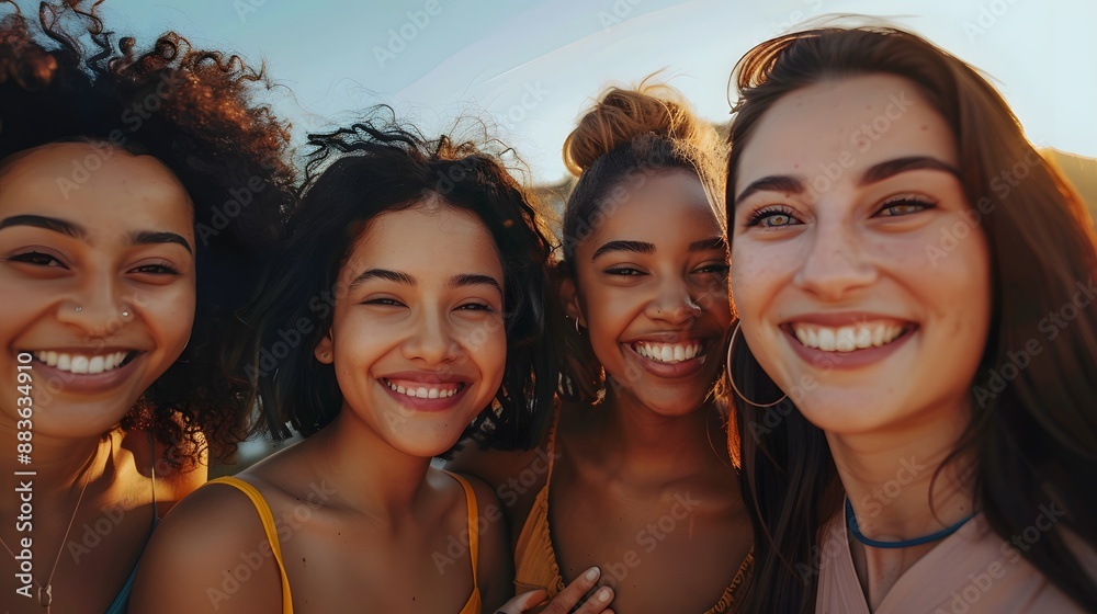 Obraz premium Portrait of gorgeous multiracial women standing together and smiling. 