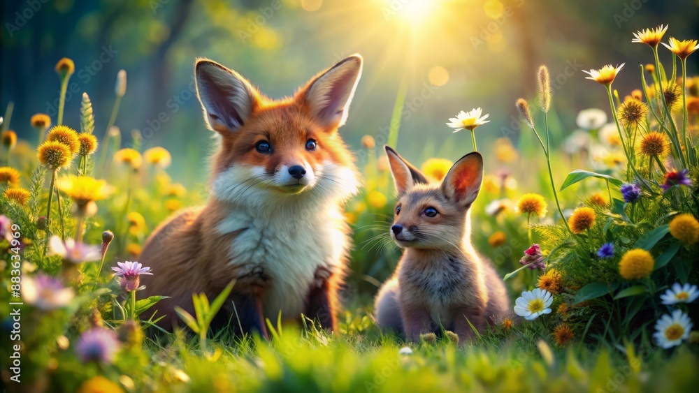 Naklejka premium Adorable bunny and cunning fox sitting together on a lush green meadow surrounded by vibrant wildflowers and sunny afternoon light.