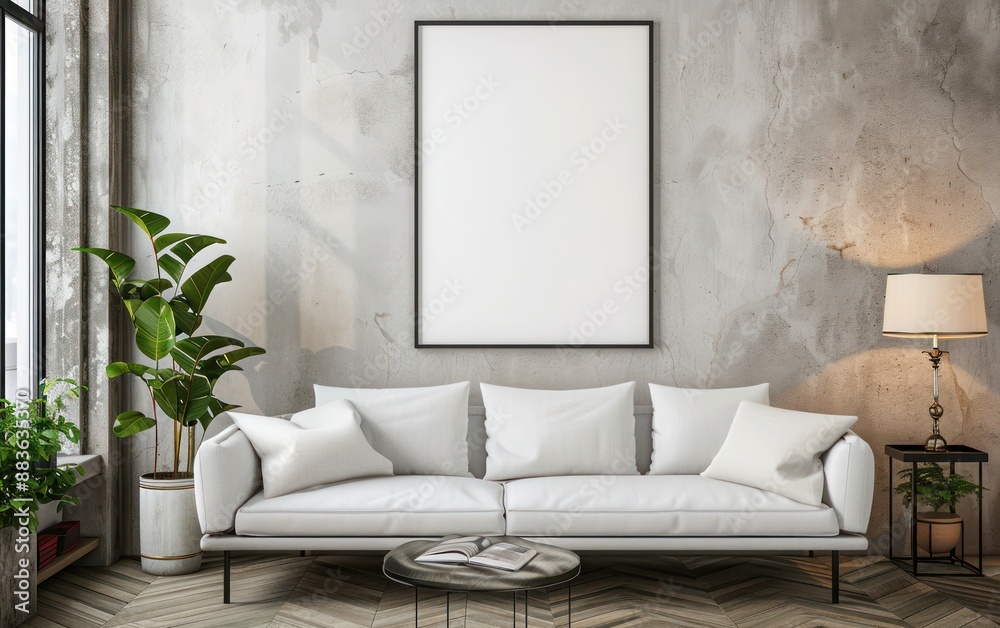 Contemporary Living Room Interior: Wooden Frame Mockup for Wall Poster, House Background. Modern Design Concept with Minimalist Aesthetic and Cozy Ambiance Contemporary Living Room Interior: Wooden Frame Mockup for Wall Poster, House Background. Modern Design Concept with Minimalist Aesthetic and Cozy Ambiance