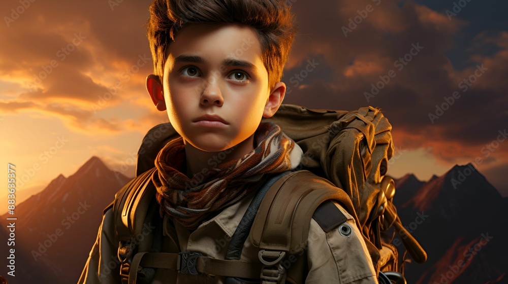 A young boy with a serious expression, wearing a backpack and scarf, stands against a backdrop of majestic mountains at sunset. A young boy with a serious expression, wearing a backpack and scarf, stands against a backdrop of majestic mountains at sunset.