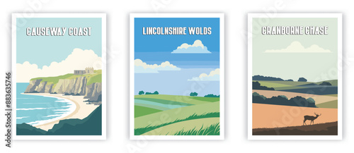 Causeway Coast, Lincolnshire Wolds, Cranborne Chase Illustration Art. Travel Poster Wall Art. Minimalist Vector art