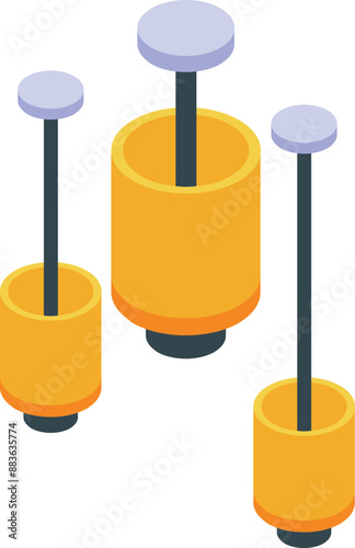 Three yellow modern ceiling lights are hanging, providing light