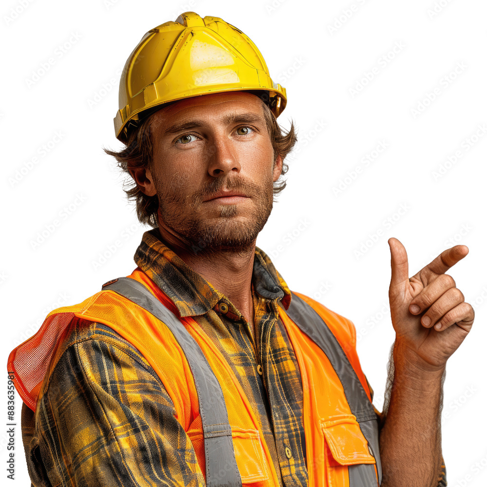 Construction worker pointing finger isolated on a transparent background for web, banner, wallpaper Construction worker pointing finger isolated on a transparent background for web, banner, wallpaper