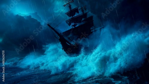 Ghostly Galleon: Confronting the Eerie Perils of a Storm-Tossed Pirate Ship. Seamless looping time-lapse virtual 4k video animation