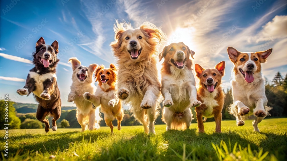 Adorable bundle of energetic canines in various breeds and sizes leap simultaneously with joyful abandon in a sunny outdoor setting. Adorable bundle of energetic canines in various breeds and sizes leap simultaneously with joyful abandon in a sunny outdoor setting.