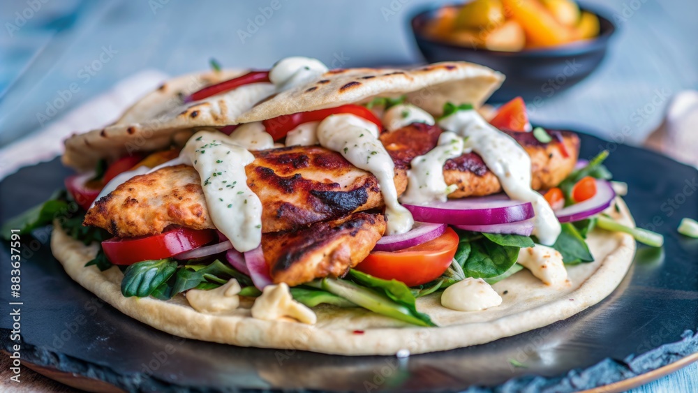 Juicy marinated chicken strips piled high on a warm pita bread, topped with crunchy veggies and tangy tahini sauce. Juicy marinated chicken strips piled high on a warm pita bread, topped with crunchy veggies and tangy tahini sauce.