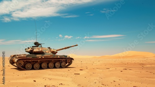 Military Tank Patroling the Barren Desert Landscape under Clear Blue Sky - Realistic Photo photo