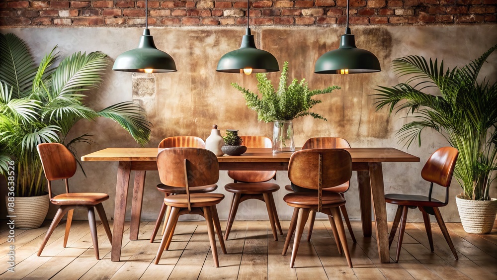 Rustic wooden dining table surrounded by retro chairs, pendant lights, and lush botanical centerpiece amidst blank white poster frame backdrop. Rustic wooden dining table surrounded by retro chairs, pendant lights, and lush botanical centerpiece amidst blank white poster frame backdrop.