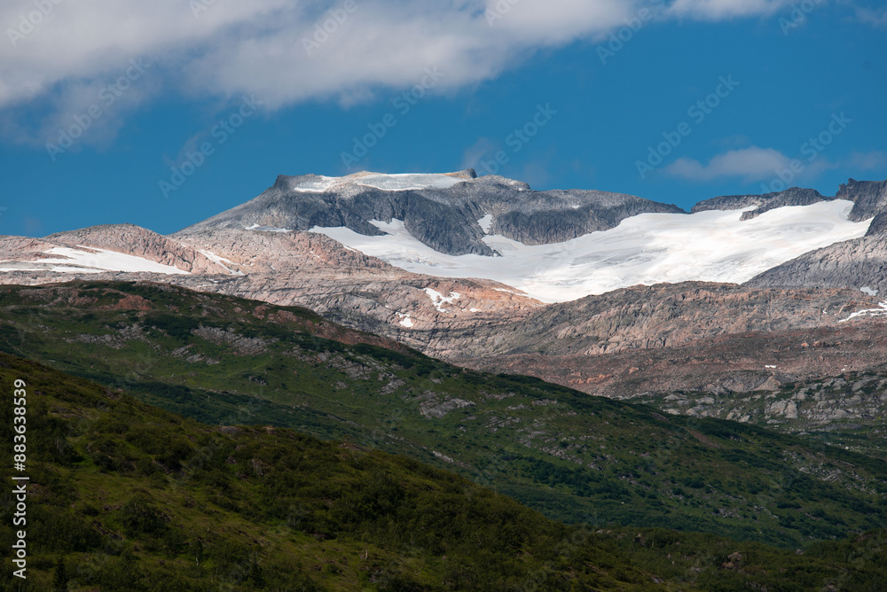 Fototapeta premium Spectacular view from hike between Marmorslottet and Pikhaugen, of Svartisheia, Steintinden and Blåtind. Tall Norwegian summer mountains covered in ice, surrounded by nordic forests. Fjelltur i Norge