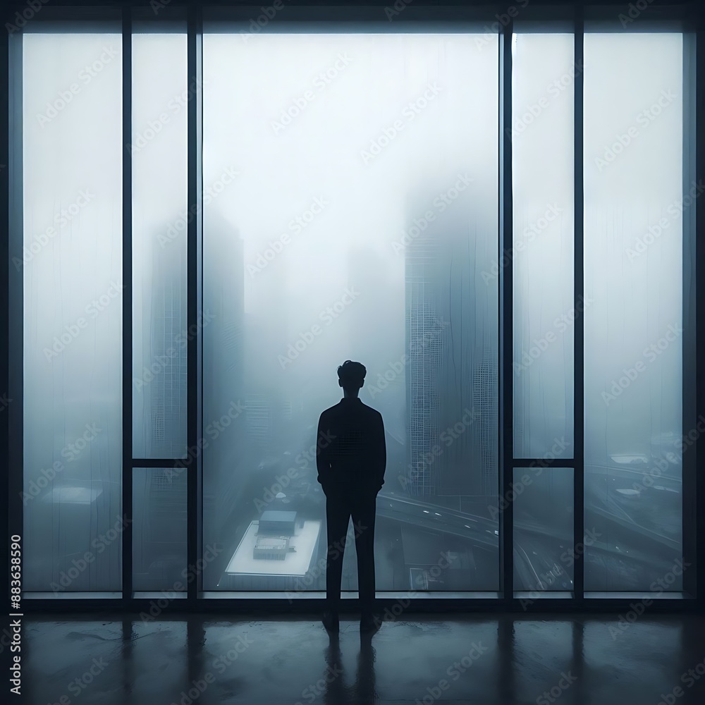 A man standing in front of a foggy window, barely visible A man standing in front of a foggy window, barely visible