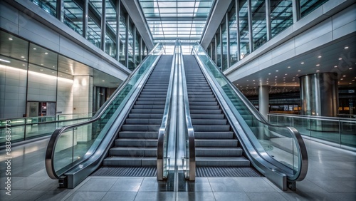 Modern sleek silver escalator rising through open atrium surrounded by gleaming glass walls and polished dark wood handrails.