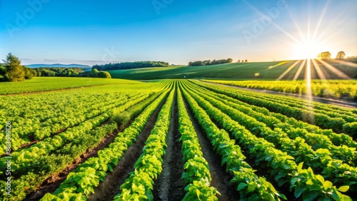 Vibrant rows of lush green organic crops thrive under warm sunlight in a serene, picturesque, and idyllic rural landscape setting. photo