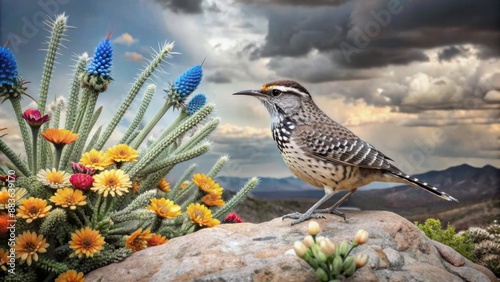 Vibrant cactus wren perches on a rocky outcropping amidst a kaleidoscope of Arizona desert flowers beneath a dramatic dark sky backdrop. photo