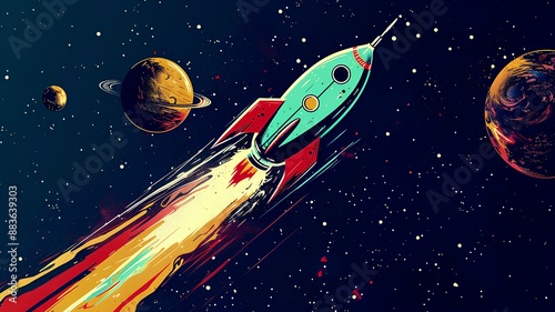 space rocket launch to space classic cartoon poster retro style  photo