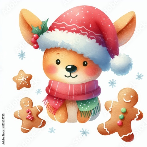 Cute cartoon puppy wearing Santa hat and scarf with gingerbread cookies.  Perfect for Christmas cards and festive designs.