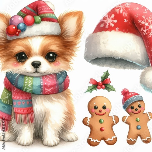 Cute cartoon puppy wearing a scarf and a hat, with a Santa hat, gingerbread men and holly. Perfect for Christmas cards and decorations.