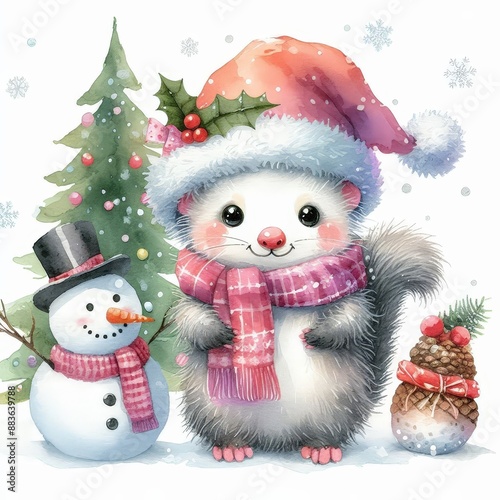 Cute cartoon winter animal wearing a Santa hat and scarf standing next to a snowman.