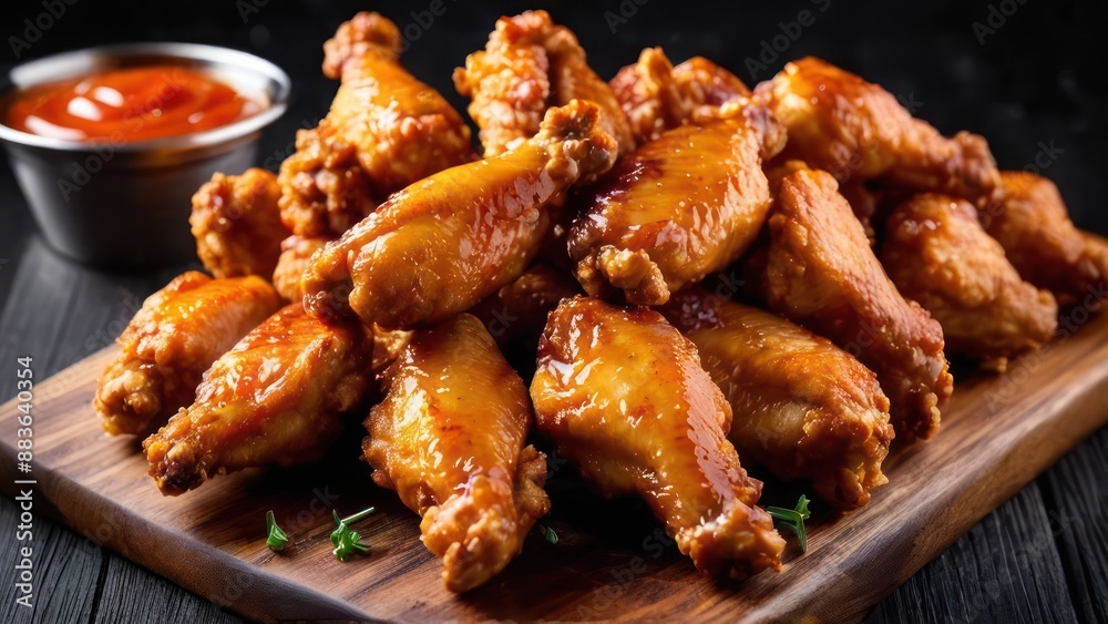 wings on a cutting board with sauce and a small bowl of ketchup wings on a cutting board with sauce and a small bowl of ketchup