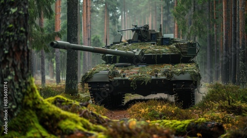 Camouflaged Strv 103 Tank in Swedish Forest - Realistic Military Vehicle in Natural Environment