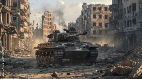 Panzer III Tank Navigating War-Torn City Streets Amidst Rubble and Debris - Realistic WWII Scene