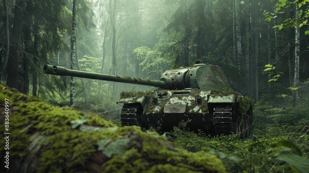 Stealthy KV-1 Tank Camouflaged in Dense Forest - Realistic Military Vehicle in Natural Environment Stealthy KV-1 Tank Camouflaged in Dense Forest - Realistic Military Vehicle in Natural Environment