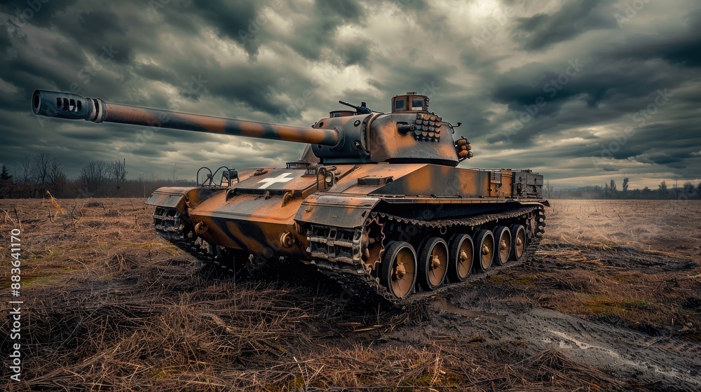 Fototapeta premium Power Unleashed: Tiger I Tank in Open Field Under Stormy Skies - Realistic War Evoke Image with Dramatic Lighting
