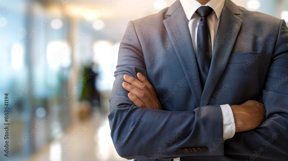 White mature businessman standing alone in an office with a blurred background. White mature businessman standing alone in an office with a blurred background.