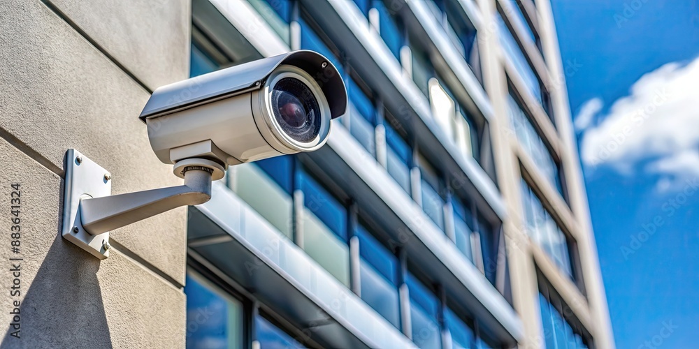 Professional security camera mounted on a building corner, surveillance, monitoring, safety, protection, technology, CCTV Professional security camera mounted on a building corner, surveillance, monitoring, safety, protection, technology, CCTV