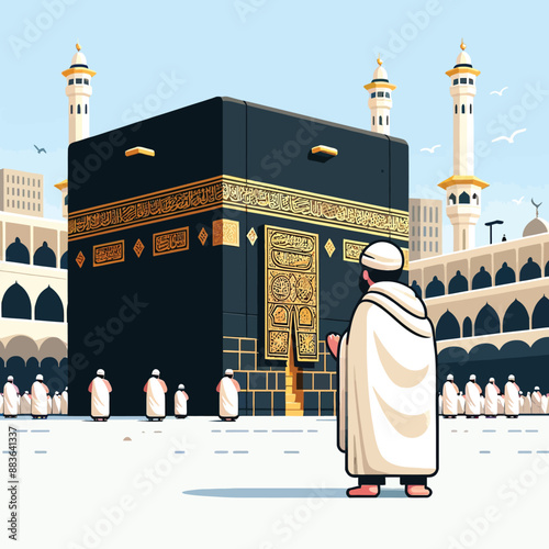 illustration of a person performing Hajj at the Kaaba in traditional white Ihram clothing