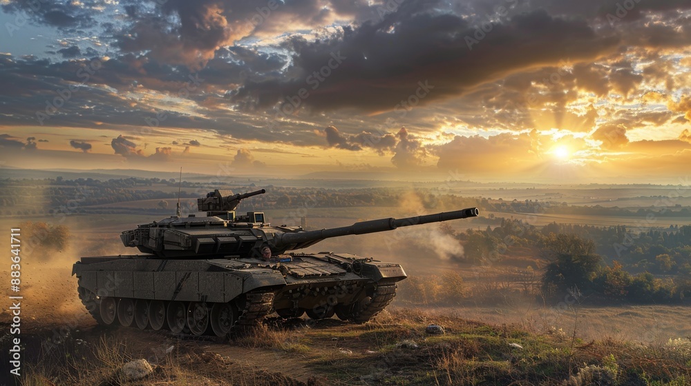 Mighty Merkava: Tank on Hilltop Overlooking Warzone under Dramatic Sky Mighty Merkava: Tank on Hilltop Overlooking Warzone under Dramatic Sky