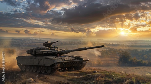 Mighty Merkava: Tank on Hilltop Overlooking Warzone under Dramatic Sky