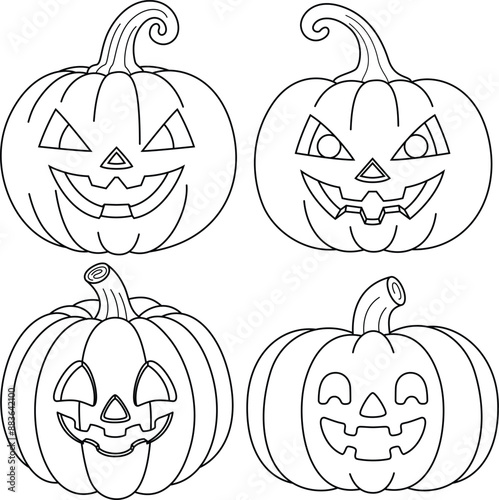 Set of pumpkins with a carved face isolated on white background outline colouring page. Halloween Outline Coloring Page photo