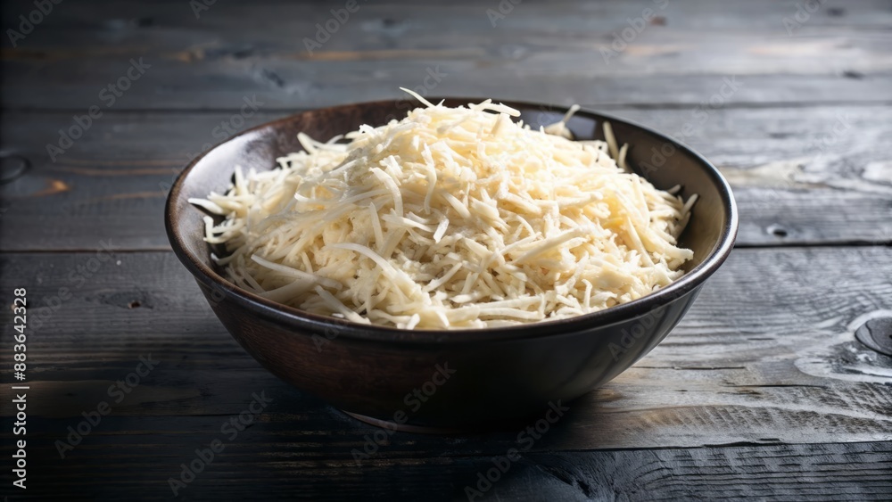 Deliciously overflowing dark bowl filled with fluffy shredded cheese rests alone on wooden table surrounded by subtle shadows. Deliciously overflowing dark bowl filled with fluffy shredded cheese rests alone on wooden table surrounded by subtle shadows.