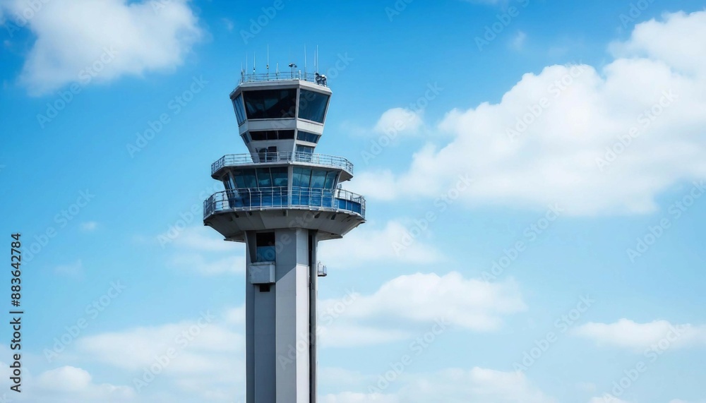 air traffic control tower with a blue sky and clouds as background. low angle
air traffic control tower with a blue sky and clouds as background. low angle