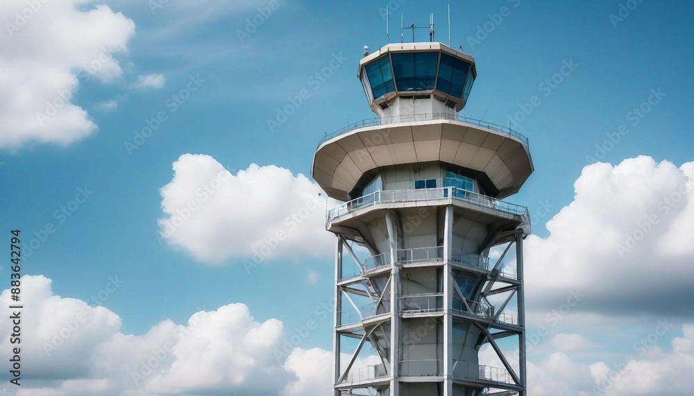 air traffic control tower with a blue sky and clouds as background. low angle
air traffic control tower with a blue sky and clouds as background. low angle