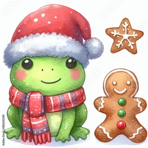 Cute green frog wearing a Santa hat and scarf with gingerbread cookies.