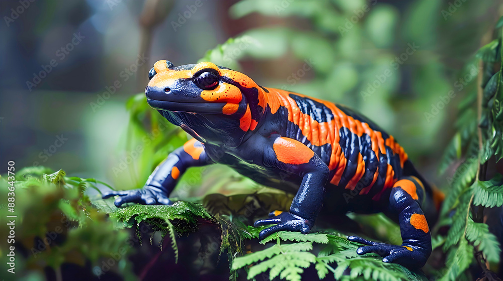 Vibrant orange and black salamander nestled amidst the lush verdant foliage of a tropical rainforest This exotic amphibian blends seamlessly into its natural environment Vibrant orange and black salamander nestled amidst the lush verdant foliage of a tropical rainforest This exotic amphibian blends seamlessly into its natural environment