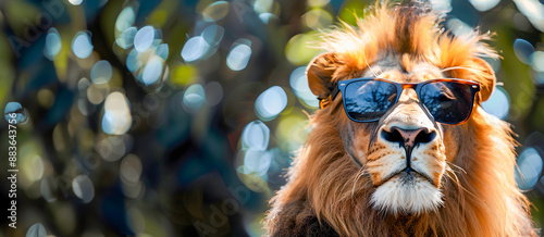 Trendy modern lion animal wearing stylish sunglasses surrounded by vibrant abstract camel patterns in a contemporary digital art The image has a bold graphic