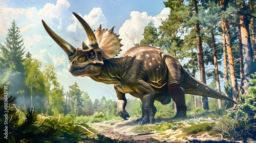 Majestic Triceratops Roaming Through Lush Prehistoric Landscape A Prehistoric Creature with Distinctive Horns Exploring an Ancient Forest Environment