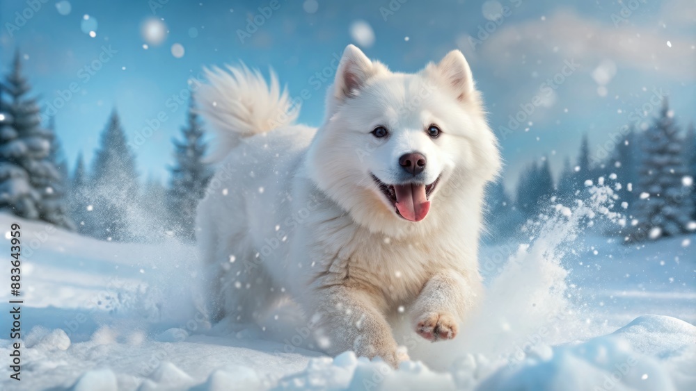 Adorable generative AI illustration of a furry white dog playing happily in a serene snow-covered winter wonderland landscape. Adorable generative AI illustration of a furry white dog playing happily in a serene snow-covered winter wonderland landscape.