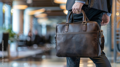 Hispanic Businessman Holding briefcase or laptop bag leaving or entering the modern office, Boss, employee, Executive, Manager, Broker, Salesman arriving concept. Businessman holding briefcase