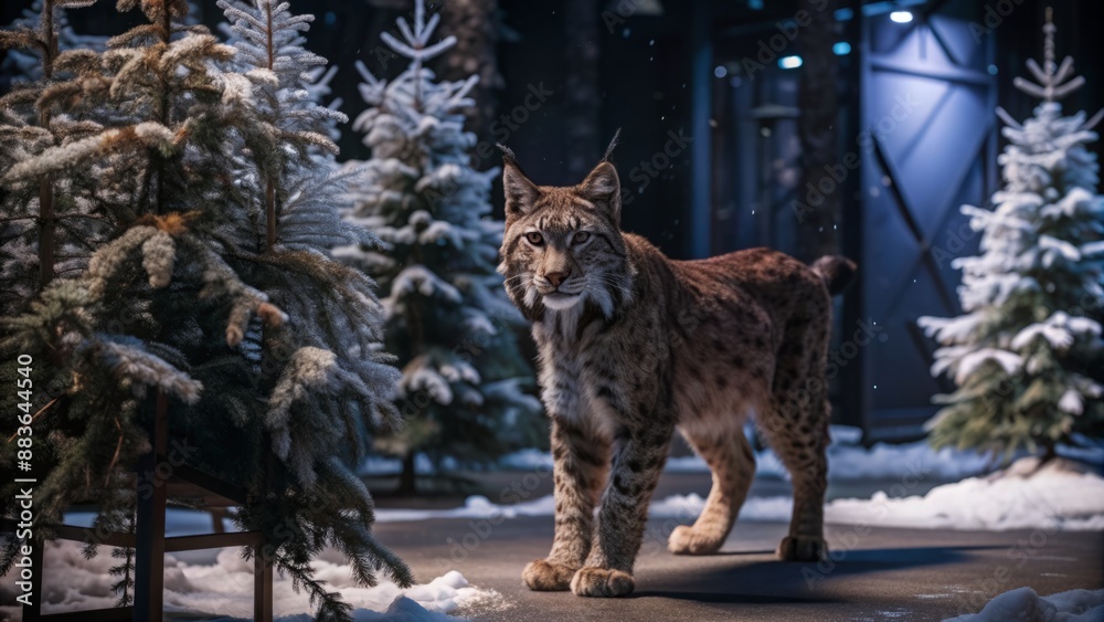Fototapeta premium lynx walking through a studio set designed to look like a snowy forest with snow-covered trees and ground.
