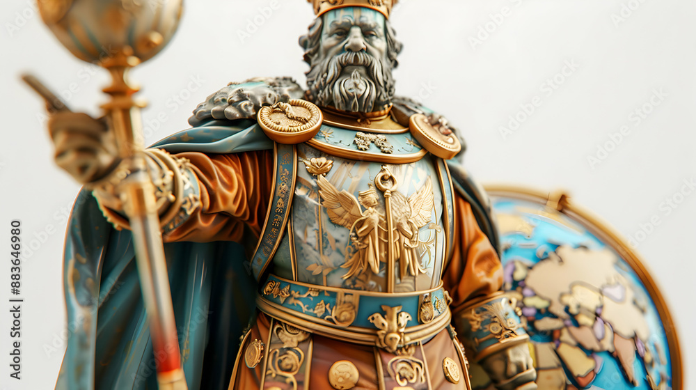 Fototapeta premium Imperial Emperor 3D Flat Icon with Globe and Scepter on Whimsical Background Symbolizing Supreme Control and Authority