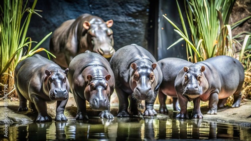group of hippopotamuses standing in a studio set designed to look like a muddy river with reeds and water. photo