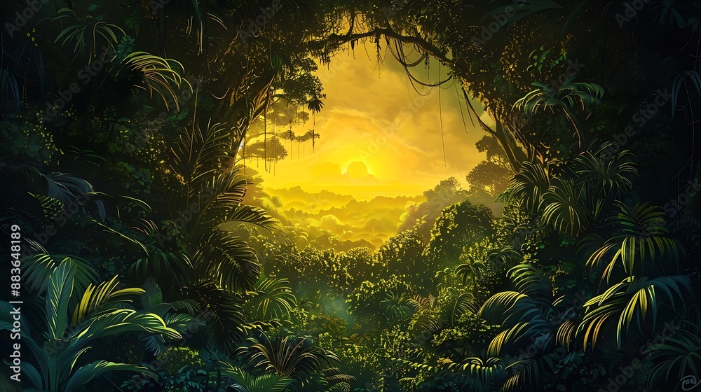 Lush jungle foliage frames a vibrant sunset over a distant mountain range Lush jungle foliage frames a vibrant sunset over a distant mountain range